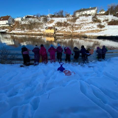 Barn i snøen ser ut over sjøen