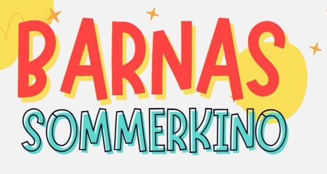 "Barnas sommerkino" i rød og blå tekst med glitter rundt. - Klikk for stort bilde