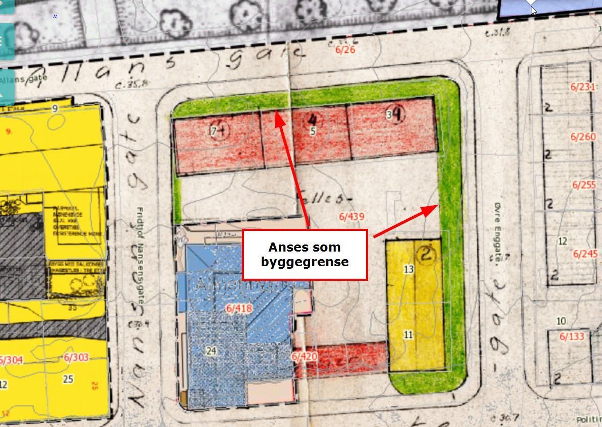 Bildet viser at byggegrensen ligger mellom forhage og arealformål regulert til bebyggelse i en reguleringsplan. - Klikk for stort bilde