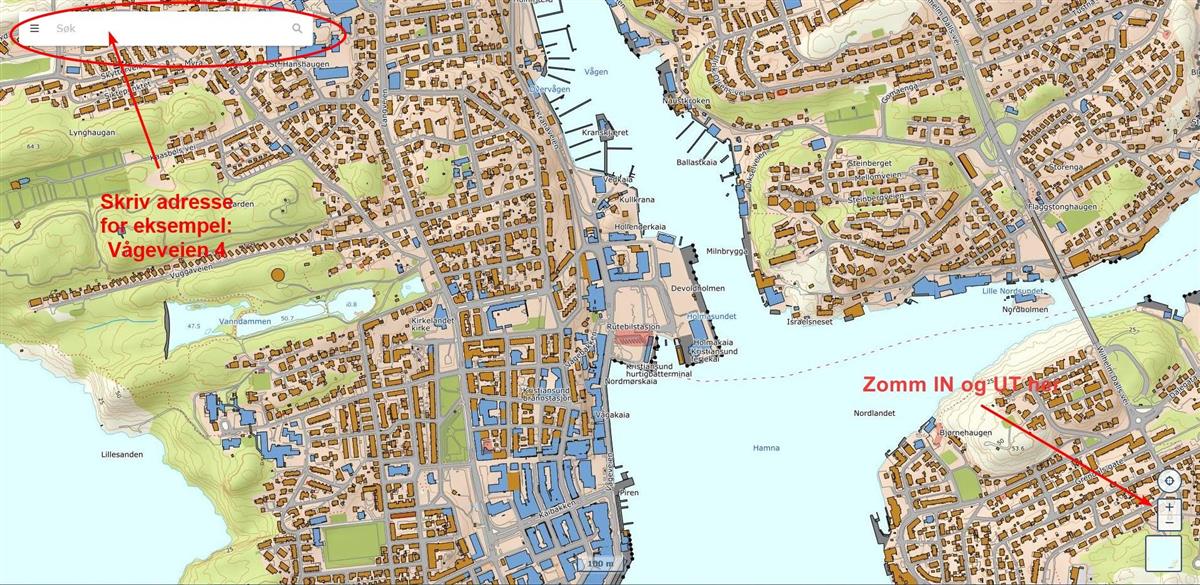 Skjermbilde av kart som viser gater og bygg i sentrum av Kristiansund - Klikk for stort bilde