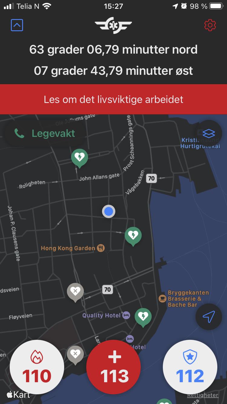 Skjermbilde Hjelp 113-appen som viser kart og koordinater - Klikk for stort bilde