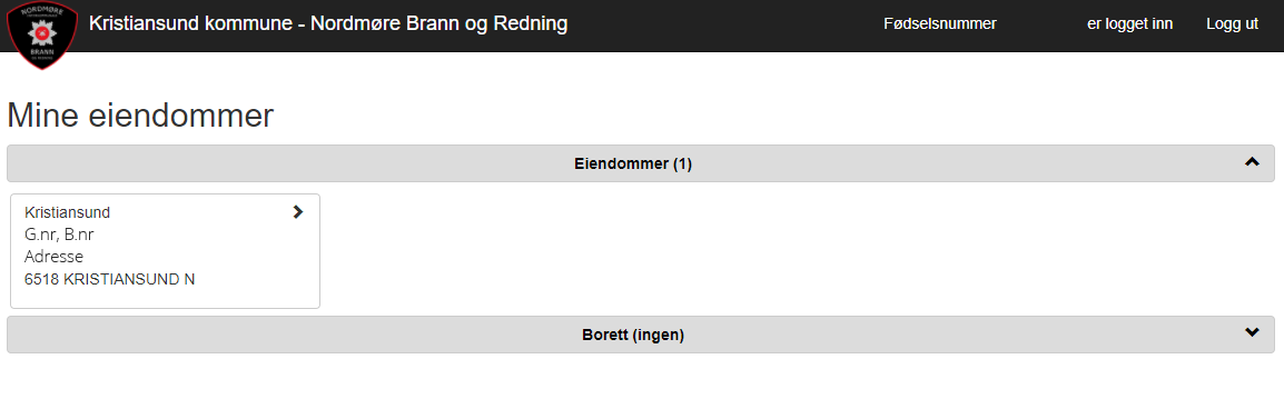 Skjermbilde fra Min eiendom med oversikt over dine eiendommer - Klikk for stort bilde