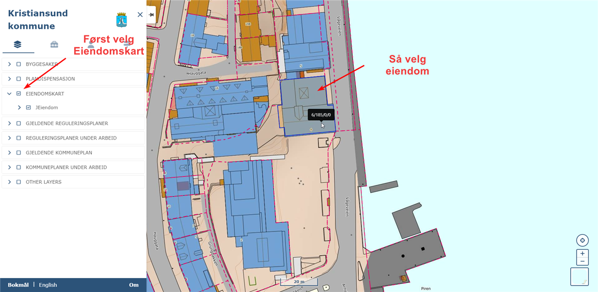 Skjermbilde. Kartvisning med gatene og husene i Kristiansund sentrum. Utvidet meny med de forskjellige lag - Klikk for stort bilde
