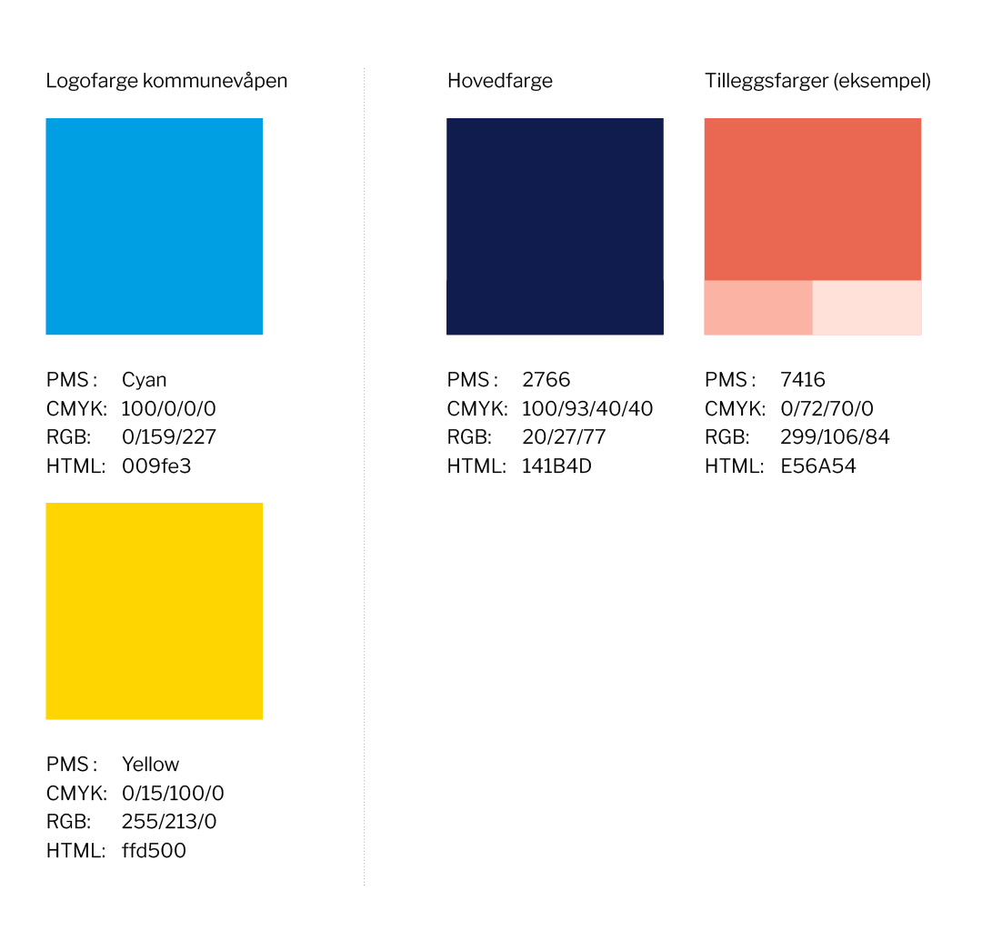Bilde som viser den blå og gule fargen i Kristiansund kommune sin logo. Samt to fargeruter hvor en viser den marineblå primærfargen, og en viser eksempel på tilleggsfarge (lyserød) - Klikk for stort bilde