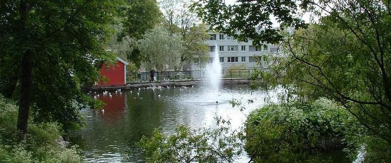 Bilde som viser utsikten over vannet med fontenen og fuglelivet. - Klikk for stort bilde