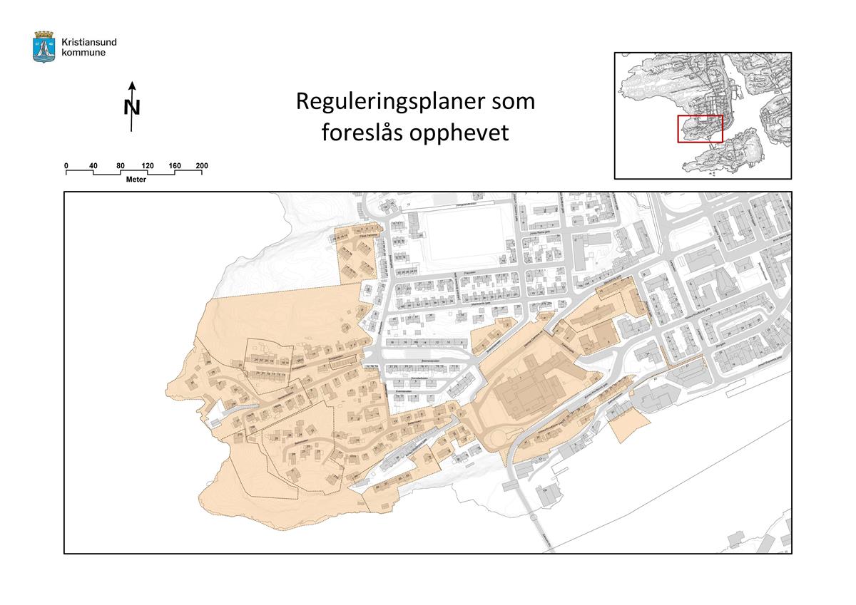 Oversiktskart over planområdene hvor reguleringsplaner foreslås opphevet - Klikk for stort bilde